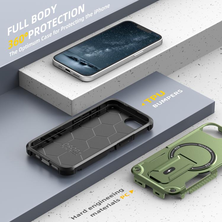 For iPhone 16e Armor Magsafe Holder PC Hybrid TPU Phone Case(Army Green)