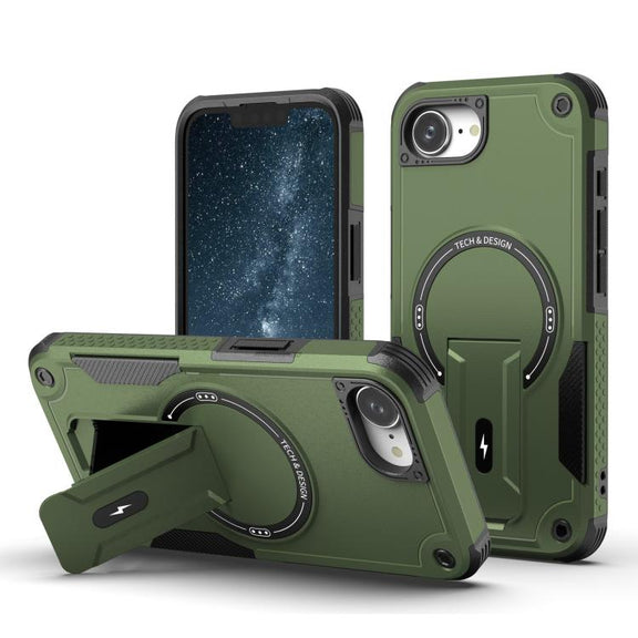 For iPhone 16e Armor Magsafe Holder PC Hybrid TPU Phone Case(Army Green)