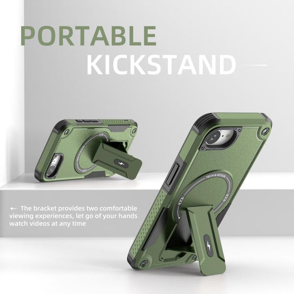 For iPhone 16e Armor Magsafe Holder PC Hybrid TPU Phone Case(Army Green)