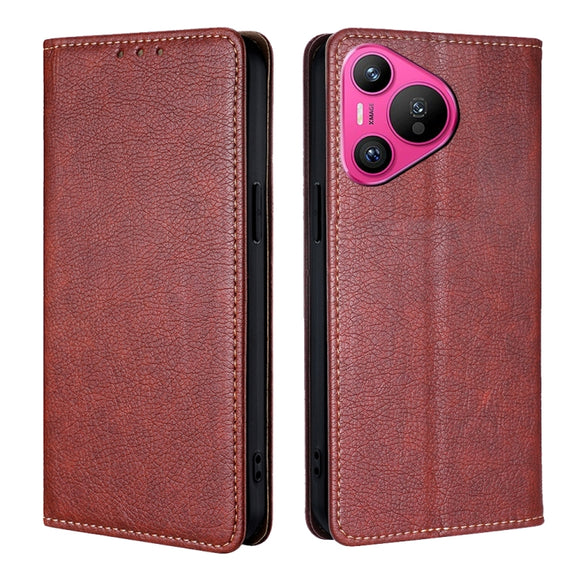 For Huawei Pura 70 Gloss Oil Solid Color Magnetic Leather Phone Case(Brown)