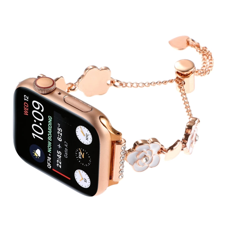 For Apple Watch Series 3 42mm Camellia Metal Chain Bracelet Watch Band(White Rose Gold)