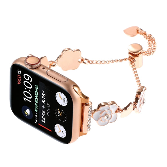For Apple Watch Series 2 42mm Camellia Metal Chain Bracelet Watch Band(White Rose Gold)
