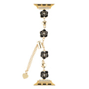 For Apple Watch 42mm Camellia Metal Chain Bracelet Watch Band(Black Gold)