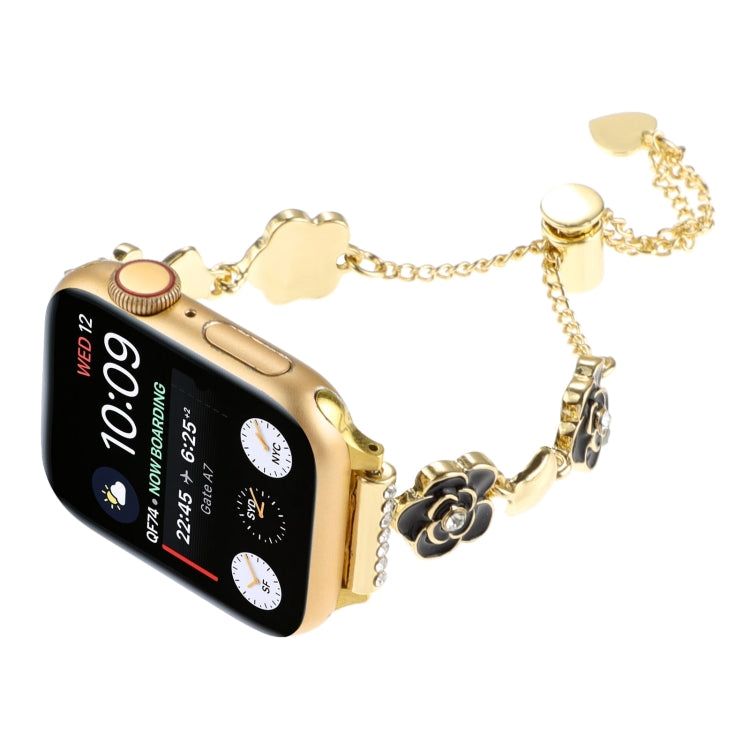 For Apple Watch 42mm Camellia Metal Chain Bracelet Watch Band(Black Gold)