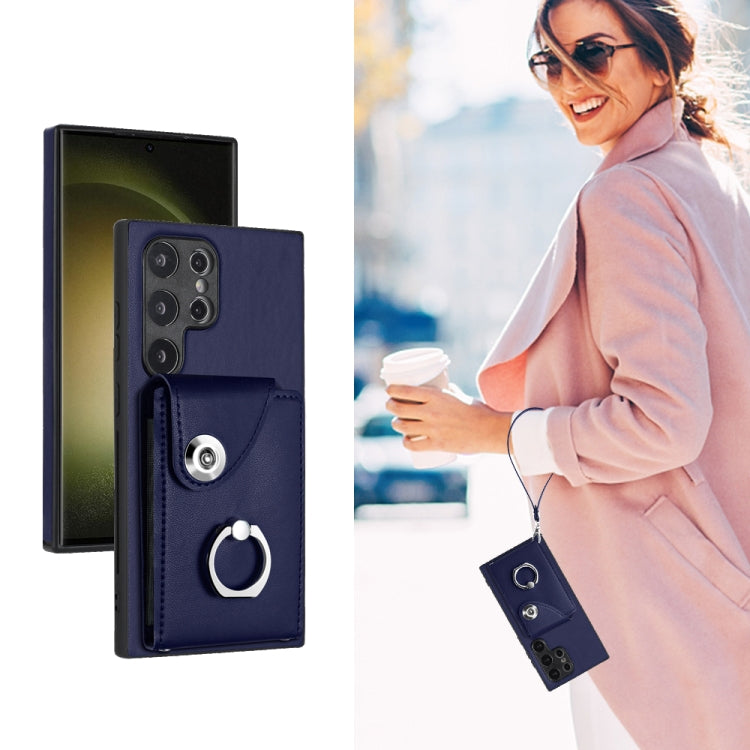For Samsung Galaxy S24 Ultra 5G Organ Card Bag Ring Holder PU Phone Case with Lanyard(Blue)