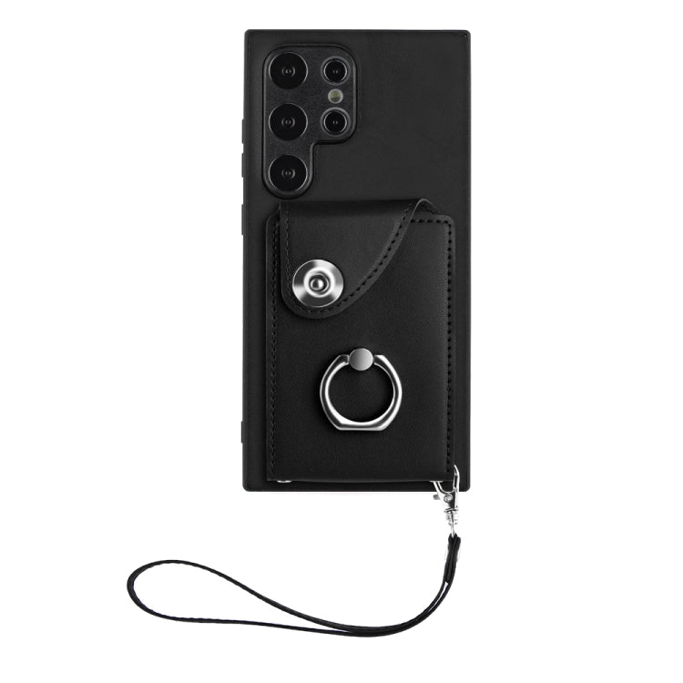 For Samsung Galaxy S24 Ultra 5G Organ Card Bag Ring Holder PU Phone Case with Lanyard(Black)