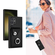 For Samsung Galaxy S24 Ultra 5G Organ Card Bag Ring Holder PU Phone Case with Lanyard(Black)