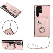 For Samsung Galaxy S24 Ultra 5G Organ Card Bag Ring Holder PU Phone Case with Lanyard(Pink)