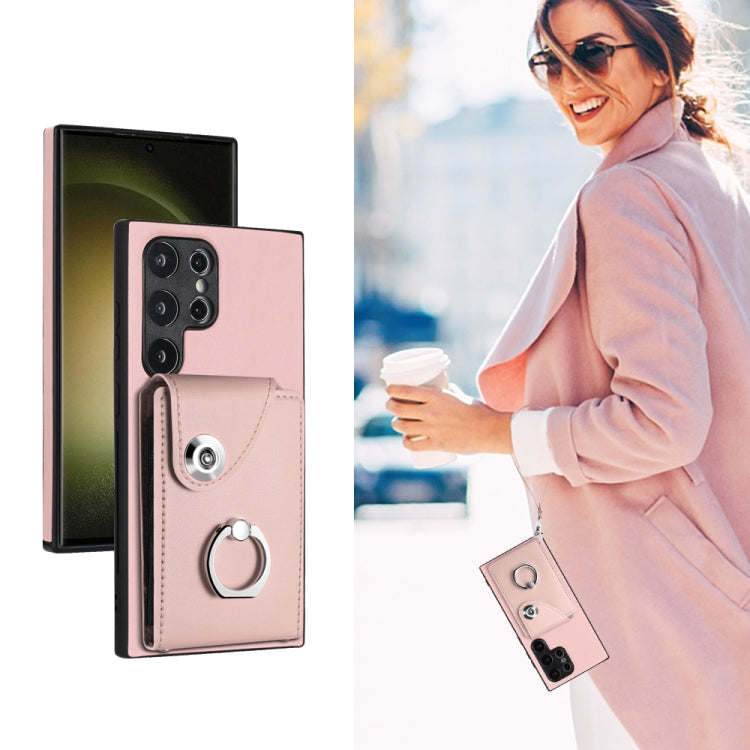 For Samsung Galaxy S24 Ultra 5G Organ Card Bag Ring Holder PU Phone Case with Lanyard(Pink)