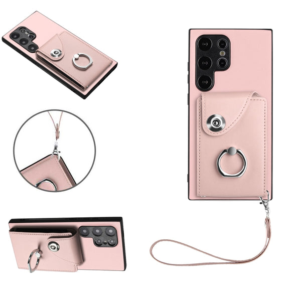 For Samsung Galaxy S24 Ultra 5G Organ Card Bag Ring Holder PU Phone Case with Lanyard(Pink)