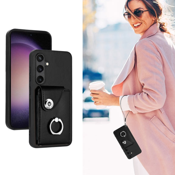 For Samsung Galaxy S24+ 5G Organ Card Bag Ring Holder PU Phone Case with Lanyard(Black)