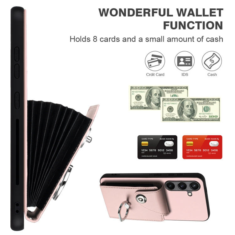 For Samsung Galaxy S24+ 5G Organ Card Bag Ring Holder PU Phone Case with Lanyard(Pink)