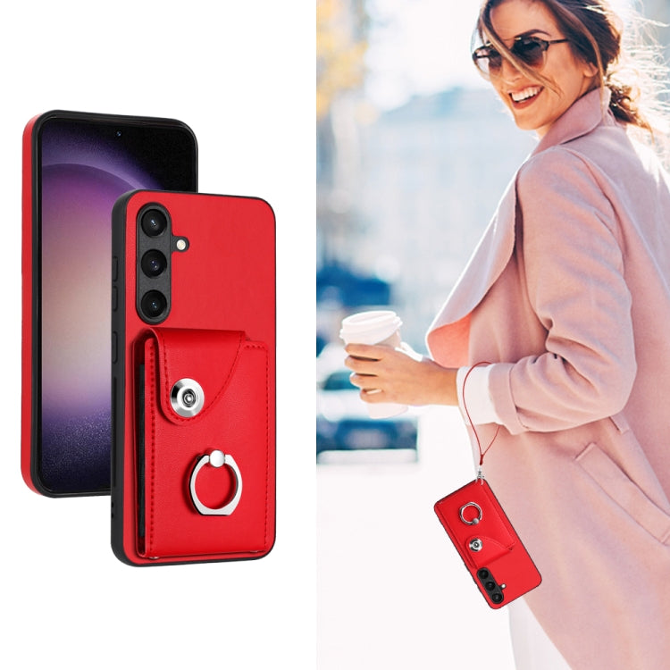 For Samsung Galaxy S24+ 5G Organ Card Bag Ring Holder PU Phone Case with Lanyard(Red)