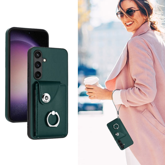 For Samsung Galaxy S24+ 5G Organ Card Bag Ring Holder PU Phone Case with Lanyard(Green)