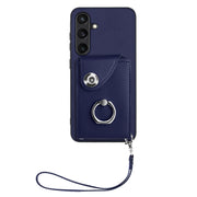 For Samsung Galaxy S24 5G Organ Card Bag Ring Holder PU Phone Case with Lanyard(Blue)