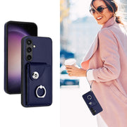 For Samsung Galaxy S24 5G Organ Card Bag Ring Holder PU Phone Case with Lanyard(Blue)
