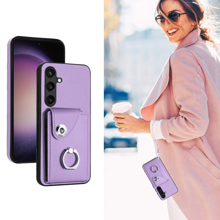 For Samsung Galaxy S24 5G Organ Card Bag Ring Holder PU Phone Case with Lanyard(Purple)
