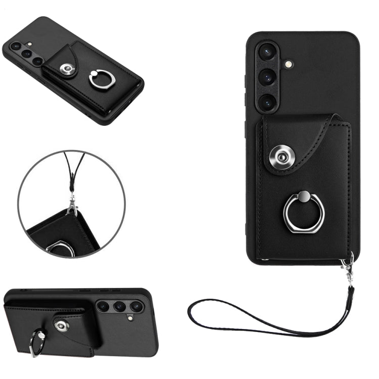 For Samsung Galaxy S24 5G Organ Card Bag Ring Holder PU Phone Case with Lanyard(Black)