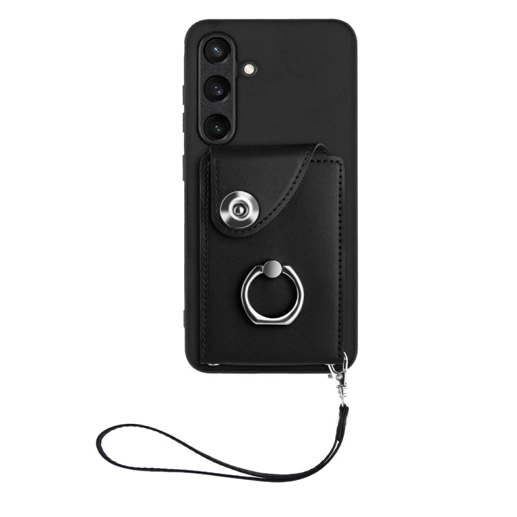 For Samsung Galaxy S24 5G Organ Card Bag Ring Holder PU Phone Case with Lanyard(Black)