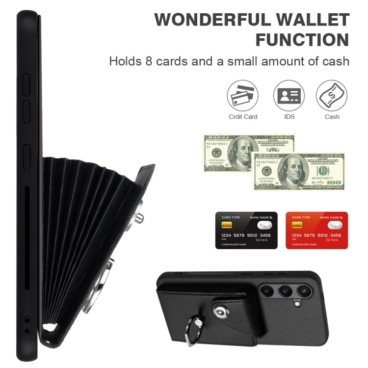 For Samsung Galaxy S24 5G Organ Card Bag Ring Holder PU Phone Case with Lanyard(Black)