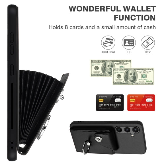 For Samsung Galaxy S24 5G Organ Card Bag Ring Holder PU Phone Case with Lanyard(Black)