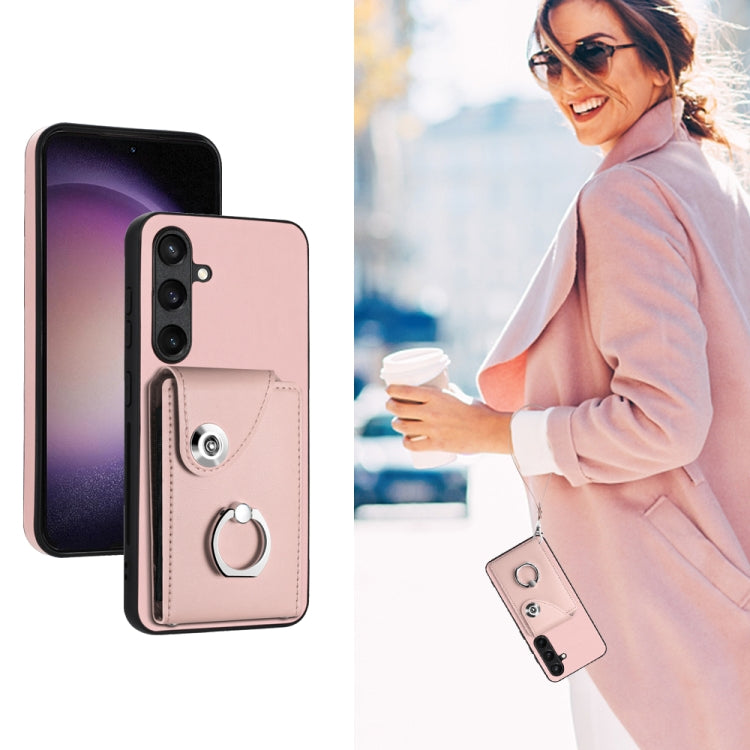 For Samsung Galaxy S24 5G Organ Card Bag Ring Holder PU Phone Case with Lanyard(Pink)