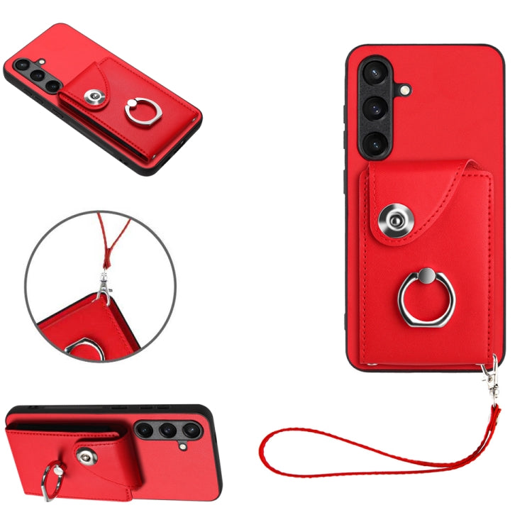 For Samsung Galaxy S24 5G Organ Card Bag Ring Holder PU Phone Case with Lanyard(Red)