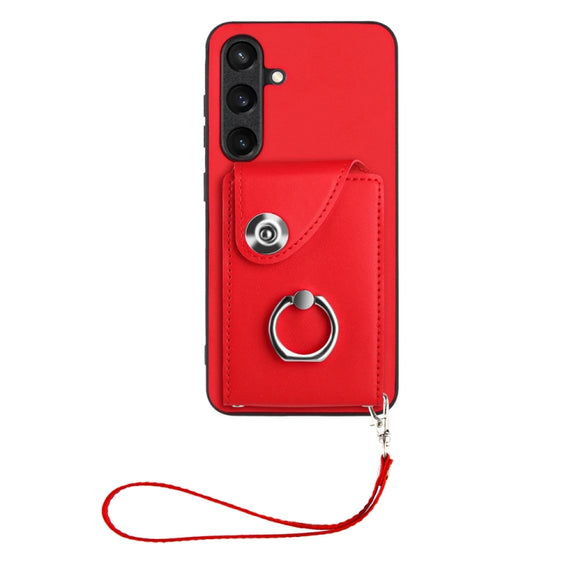 For Samsung Galaxy S24 5G Organ Card Bag Ring Holder PU Phone Case with Lanyard(Red)