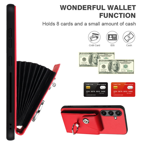 For Samsung Galaxy S24 5G Organ Card Bag Ring Holder PU Phone Case with Lanyard(Red)