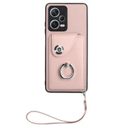 For Xiaomi Redmi Note 12 Pro 5G Global Organ Card Bag Ring Holder PU Phone Case with Lanyard(Pink)