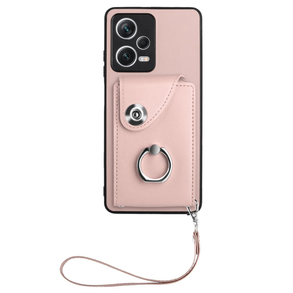 For Xiaomi Redmi Note 12 Pro 5G Global Organ Card Bag Ring Holder PU Phone Case with Lanyard(Pink)