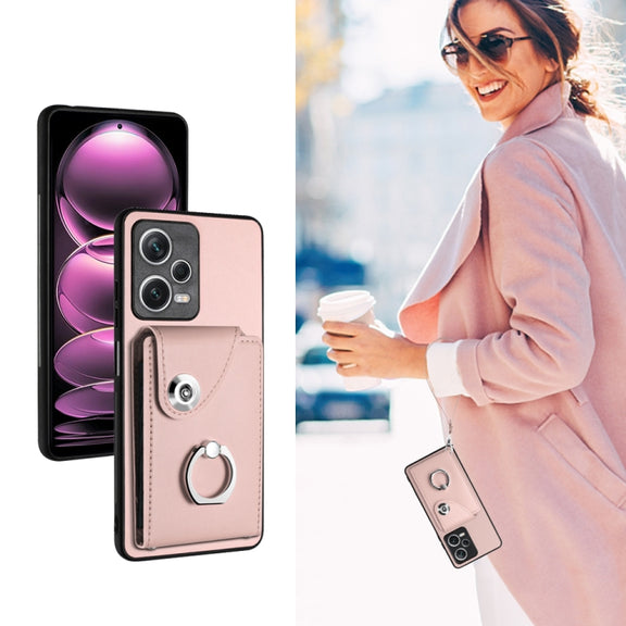 For Xiaomi Redmi Note 12 Pro 5G Global Organ Card Bag Ring Holder PU Phone Case with Lanyard(Pink)