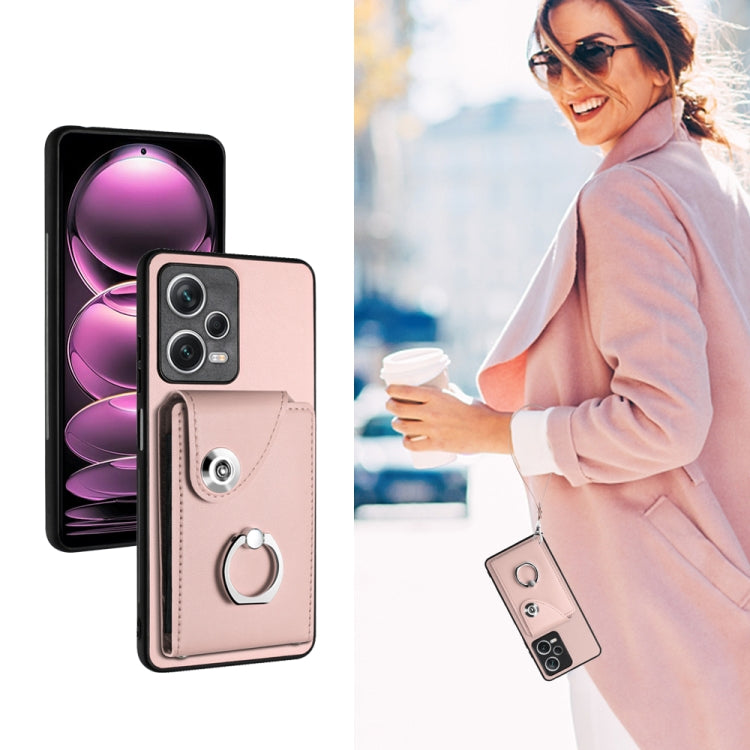 For Xiaomi Redmi Note 12 Pro 5G Global Organ Card Bag Ring Holder PU Phone Case with Lanyard(Pink)