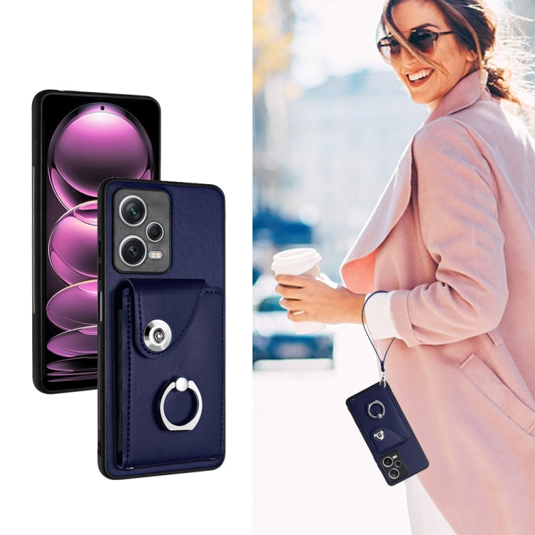 For Xiaomi Redmi Note 12 Pro+ 5G Global Organ Card Bag Ring Holder PU Phone Case with Lanyard(Blue)