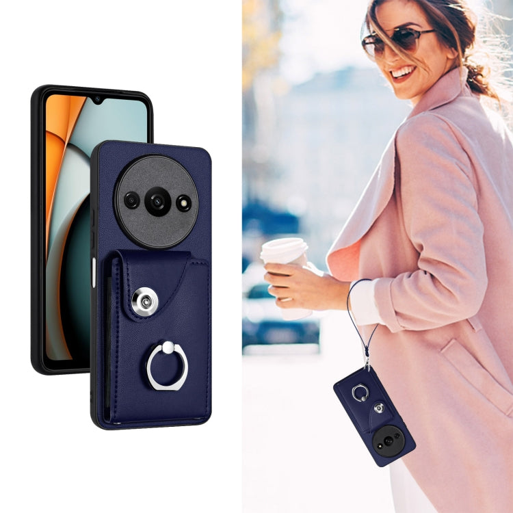 For Xiaomi Redmi A3 4G Organ Card Bag Ring Holder PU Phone Case with Lanyard(Blue)