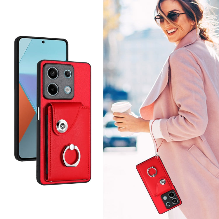 For Xiaomi Redmi Note 13 5G Global Organ Card Bag Ring Holder PU Phone Case with Lanyard(Red)