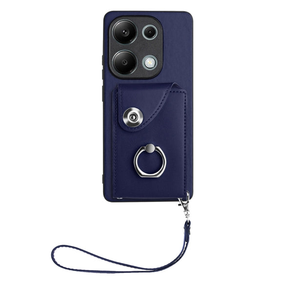 For Xiaomi Redmi Note 13 Pro 4G Global Organ Card Bag Ring Holder PU Phone Case with Lanyard(Blue)
