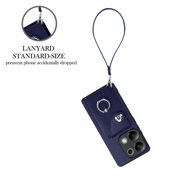 For Xiaomi Redmi Note 13 Pro 4G Global Organ Card Bag Ring Holder PU Phone Case with Lanyard(Blue)