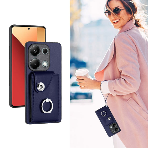 For Xiaomi Redmi Note 13 Pro 4G Global Organ Card Bag Ring Holder PU Phone Case with Lanyard(Blue)