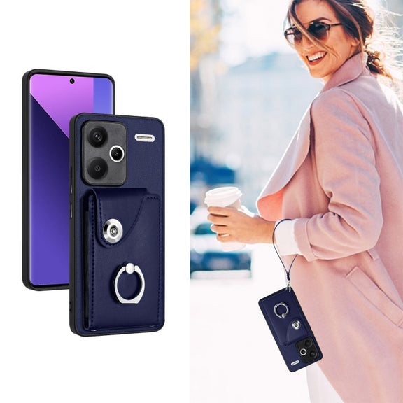 For Xiaomi Redmi Note 13 Pro+ Organ Card Bag Ring Holder PU Phone Case with Lanyard(Blue)