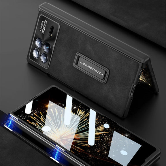 For Xiaomi Mix Fold 3 GKK Integrated Frosted Fold Hinge Leather Phone Case with Holder(Black)