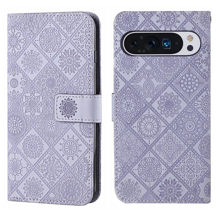 For Google Pixel 9 Pro XL Ethnic Style Embossed Pattern Leather Phone Case(Purple)
