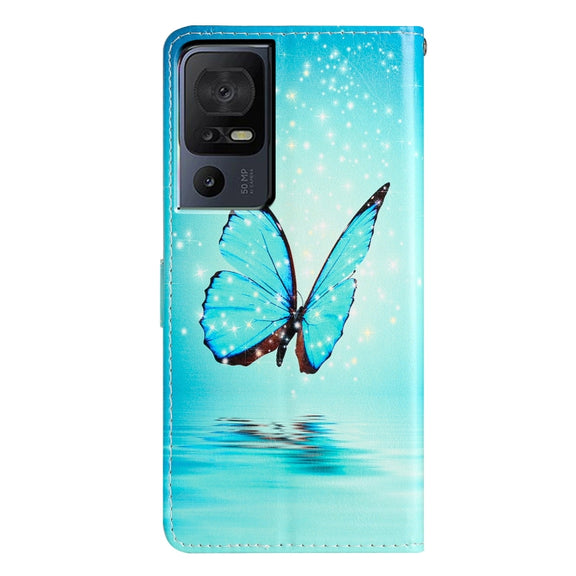 For TCL 40 SE Colored Drawing Leather Phone Case(Blue Butterfly)