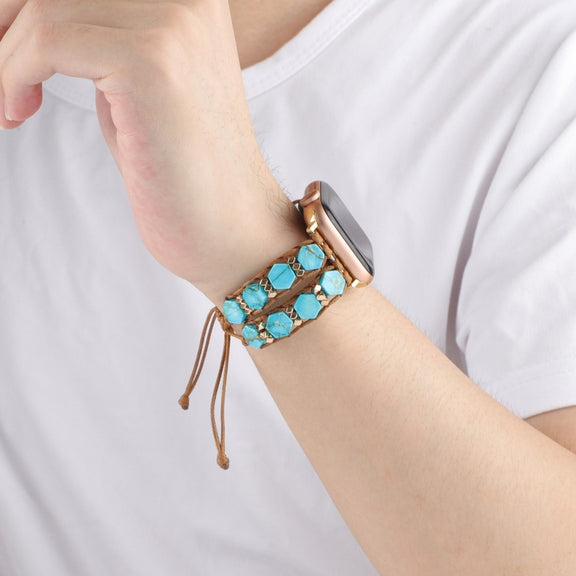 For Apple Watch SE 2022 44mm Hexagonal Stones Drawstring Chain Watch Band(Blue)