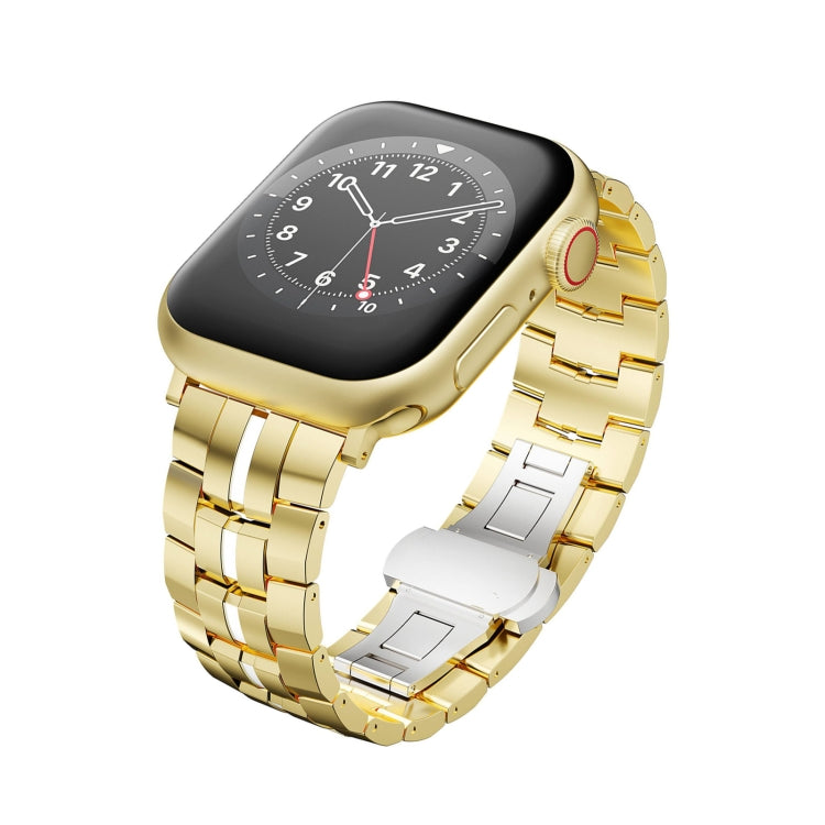 For Apple Watch SE 44mm Butterfly Buckle 5-Beads Metal Watch Band(Gold White)