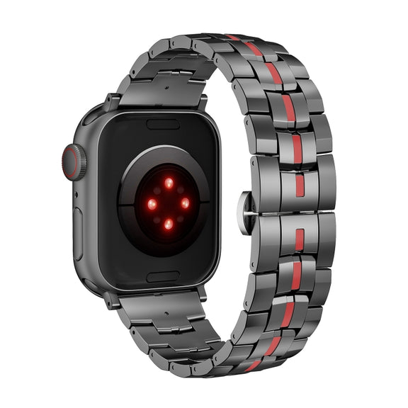 For Apple Watch Series 2 42mm Butterfly Buckle 5-Beads Metal Watch Band(Black Red)