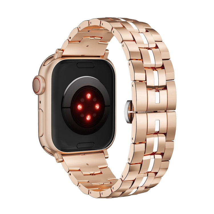For Apple Watch 42mm Butterfly Buckle 5-Beads Metal Watch Band(Rose Gold White)