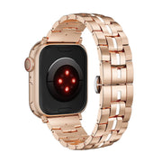 For Apple Watch 42mm Butterfly Buckle 5-Beads Metal Watch Band(Rose Gold White)