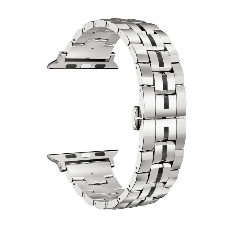 For Apple Watch 42mm Butterfly Buckle 5-Beads Metal Watch Band(Silver Black)