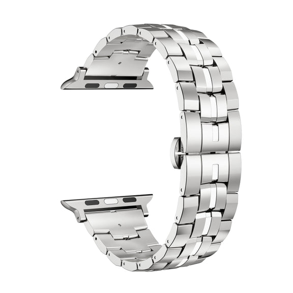 For Apple Watch 42mm Butterfly Buckle 5-Beads Metal Watch Band(Silver White)